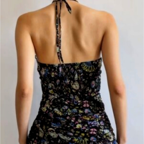 ZARA black paisley ruched body con halter mini dress - Picture 3 of 11